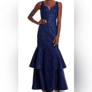 Aidan Mattox Formal Dress Size 8 Navy Blue Allover Sequins Ruffled AUTHENTIC